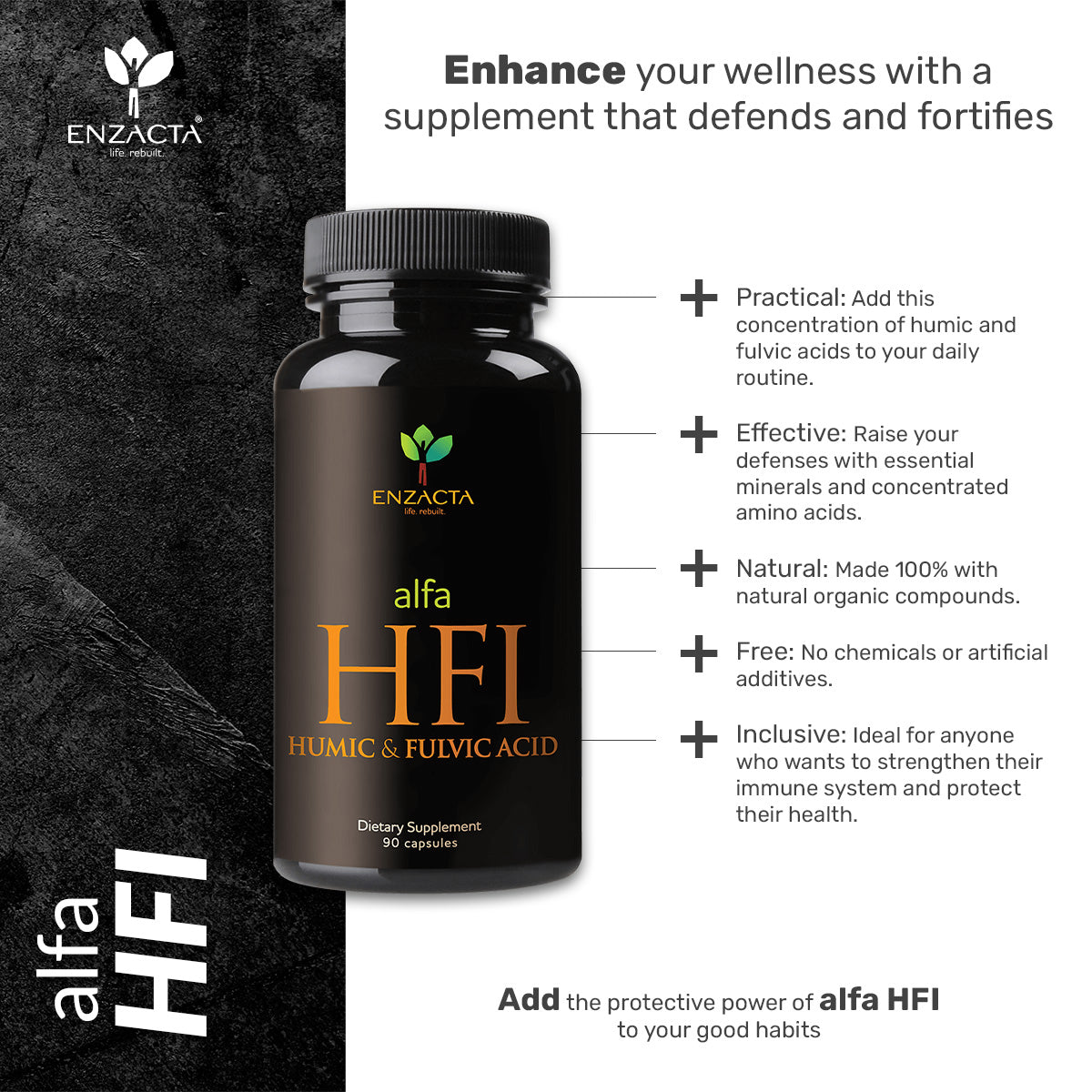 ENZACTA alfa HFI supplement bottle with product details on a dark background.