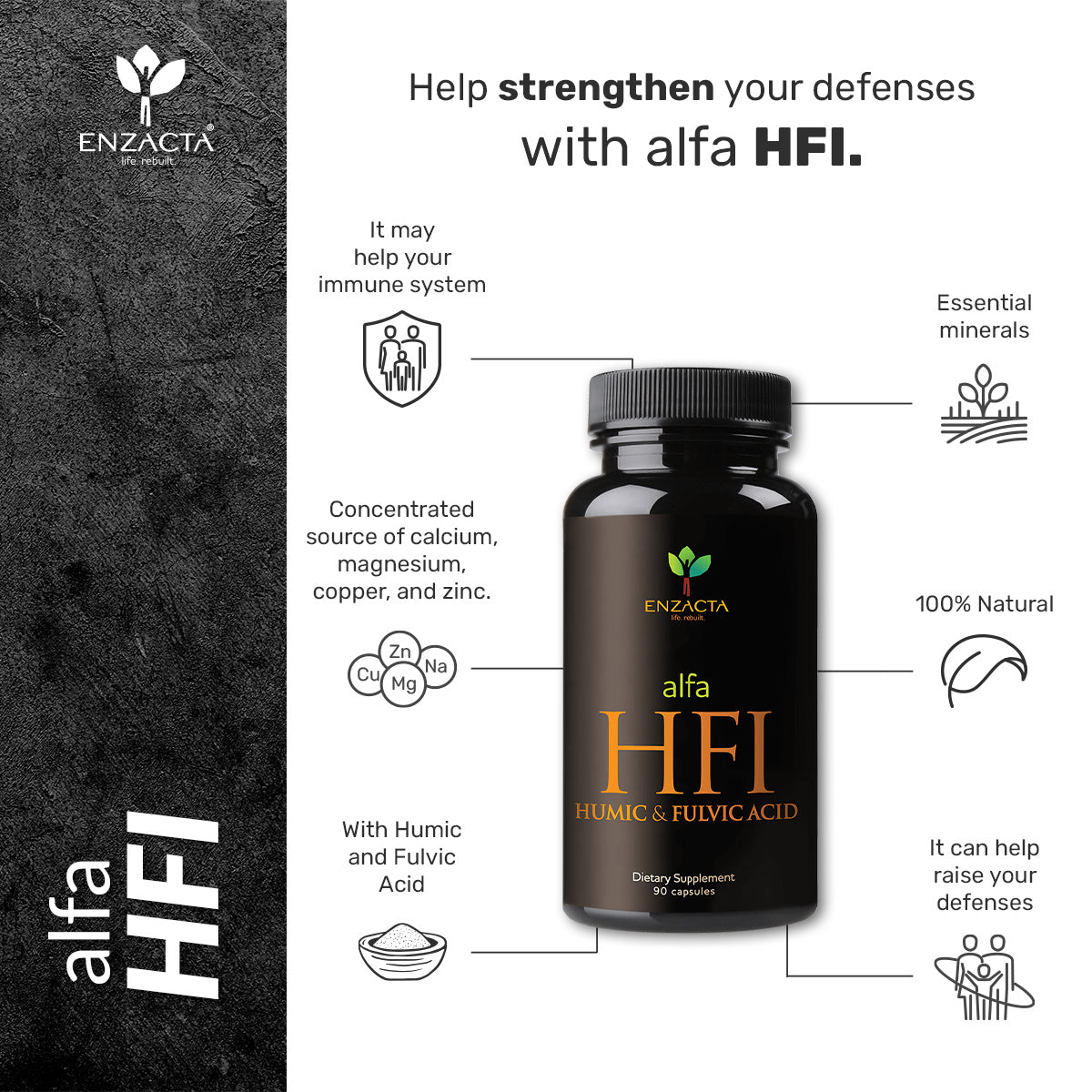 ENZACTA alfa HFI supplement bottle with product features on a dark background.