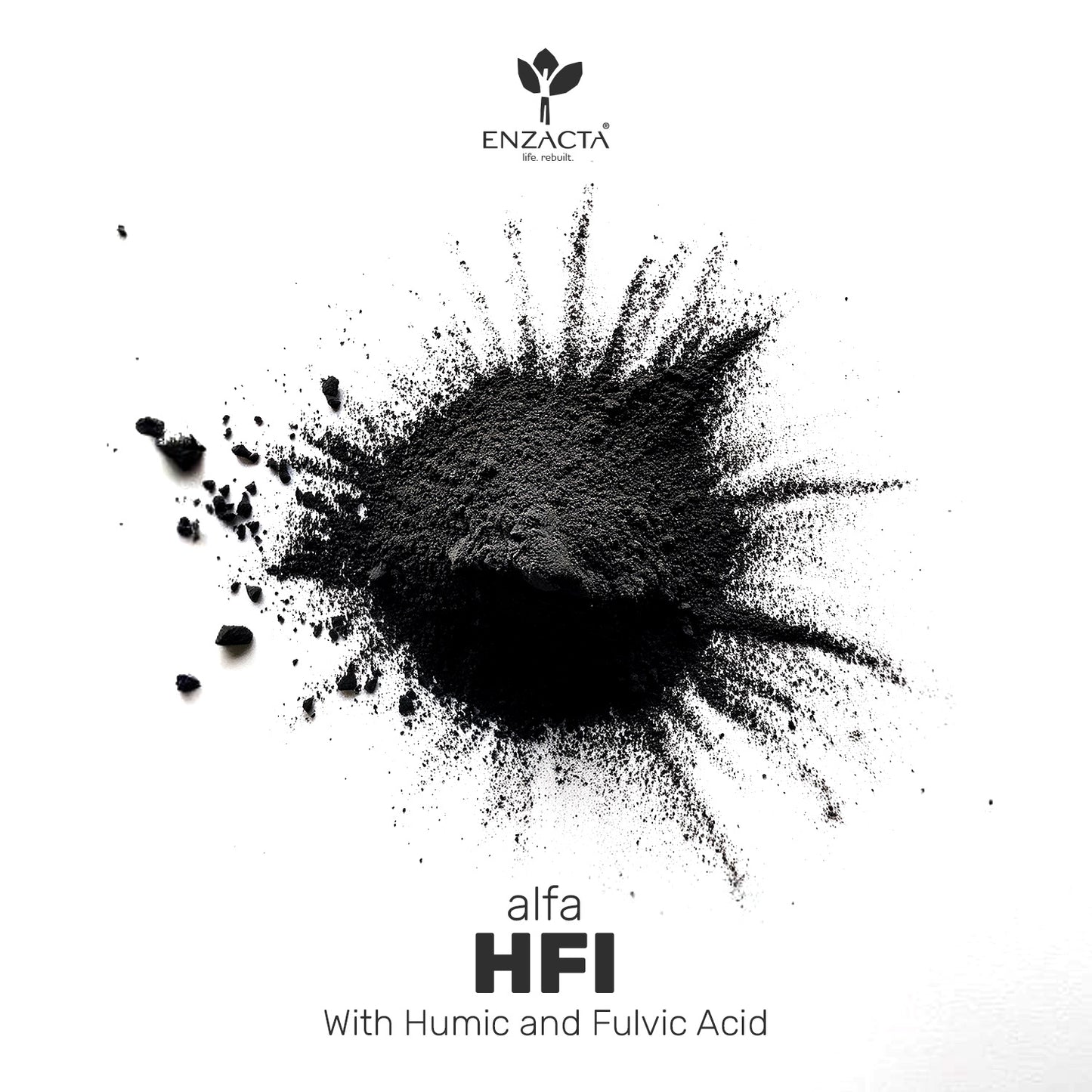 Black alfa HFI powder splatter with ENZACTA logo and product name on a white background.