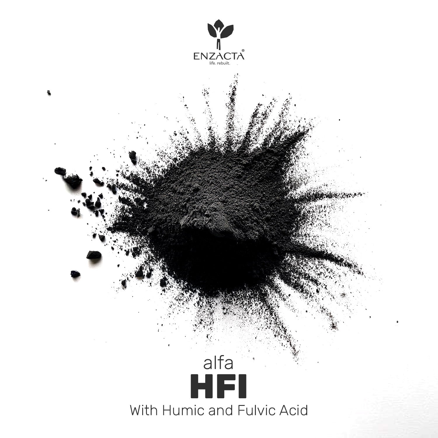 Black alfa HFI powder splatter with ENZACTA logo and product name on a white background.