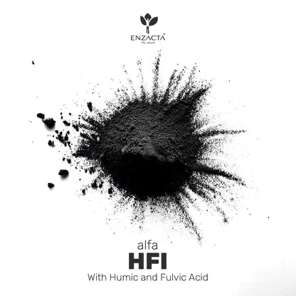 Black alfa HFI powder splatter with ENZACTA logo and product name on a white background.