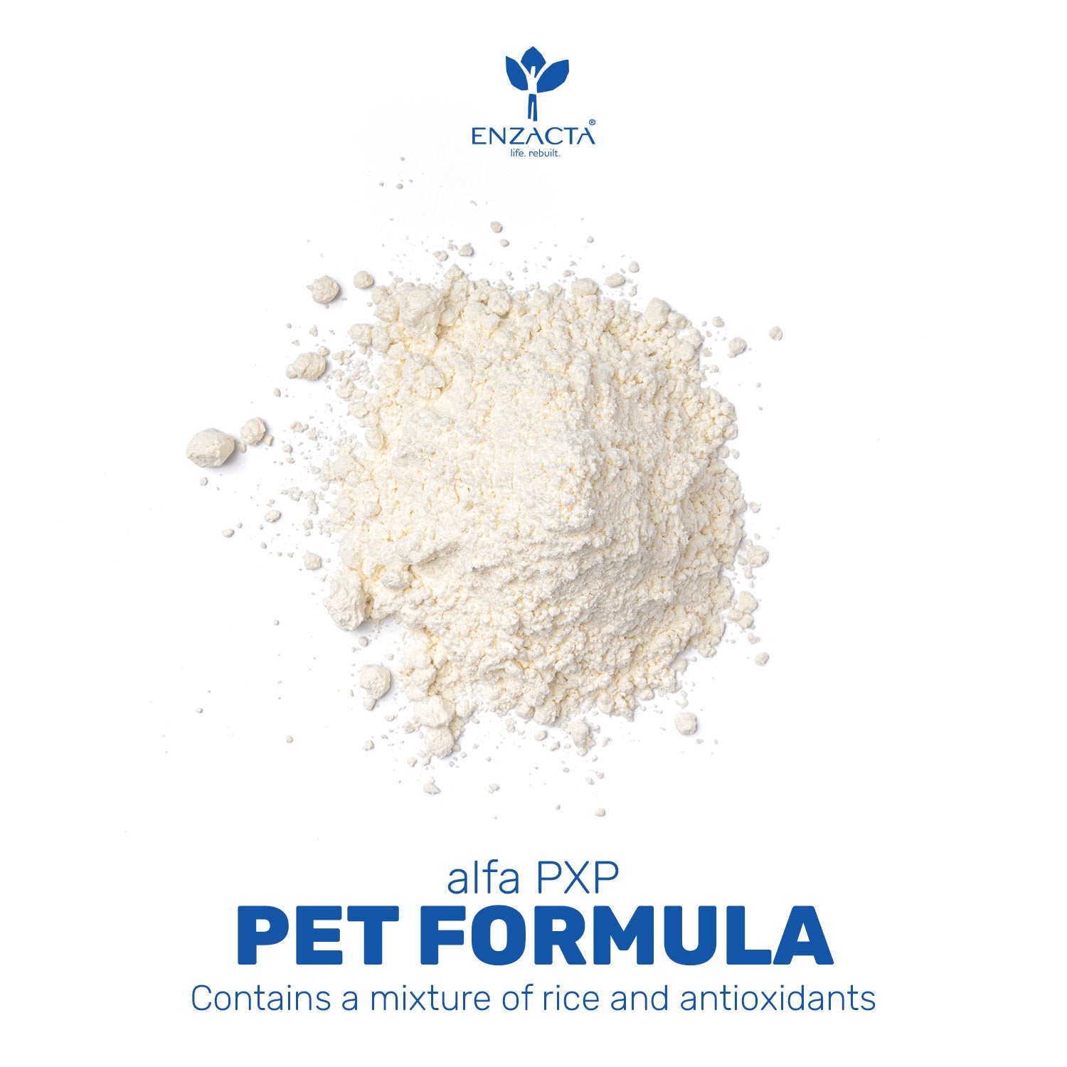 White alfa PXP PET FORMULA powder with ENZACTA logo and text about alfa PXP PET Formula on a white background.