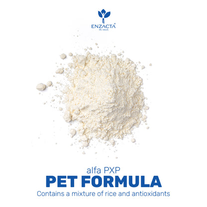 White alfa PXP PET FORMULA powder with ENZACTA logo and text about alfa PXP PET Formula on a white background.