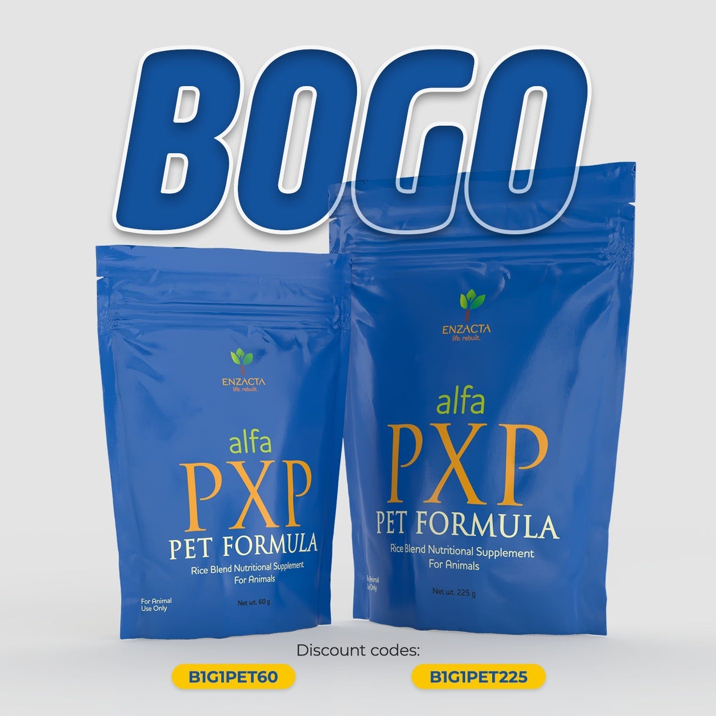 Two blue packages of alfa PXP PET FORMULA with 'BOGO' text on a light gray background.