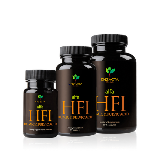 Three bottles of ENZACTA alfa HFI dietary supplement, in different sizes, with black labels and orange text.